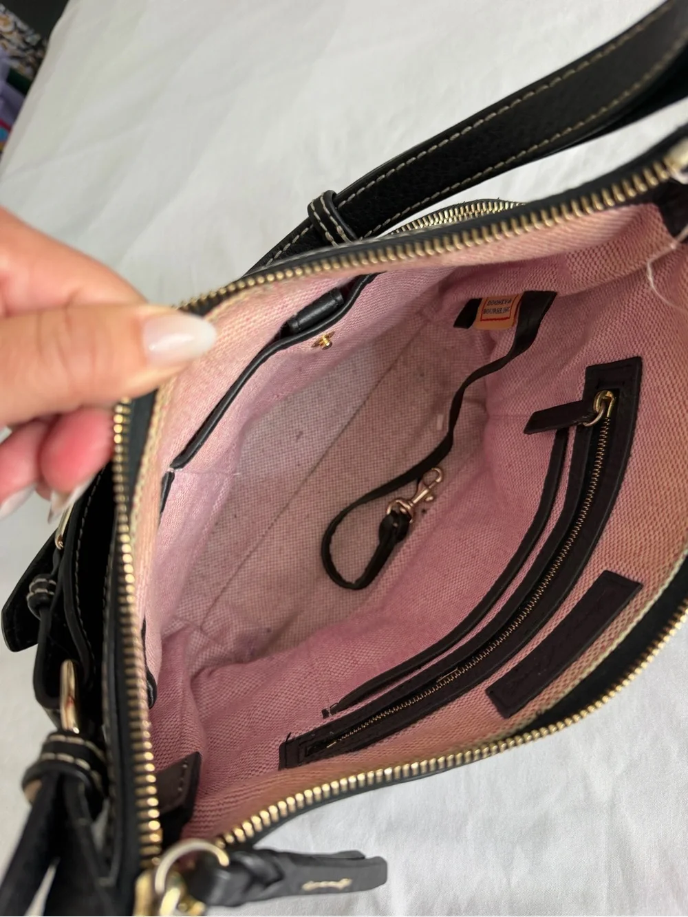 Dooney & Bourke  “Dillen” Black Leather Zip Top Dual Side Pockets Shoulder Bag